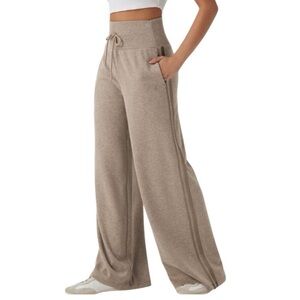 NEW Halara Ribbed High Waisted Tummy Control Wide Leg Sweatpants Beige Medium